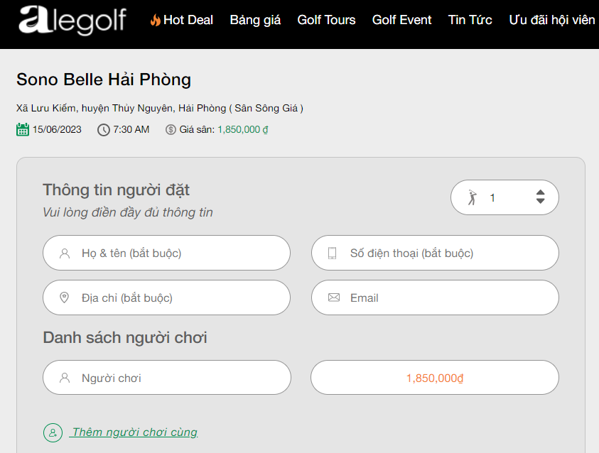 Đặt sân golf website Alegolf